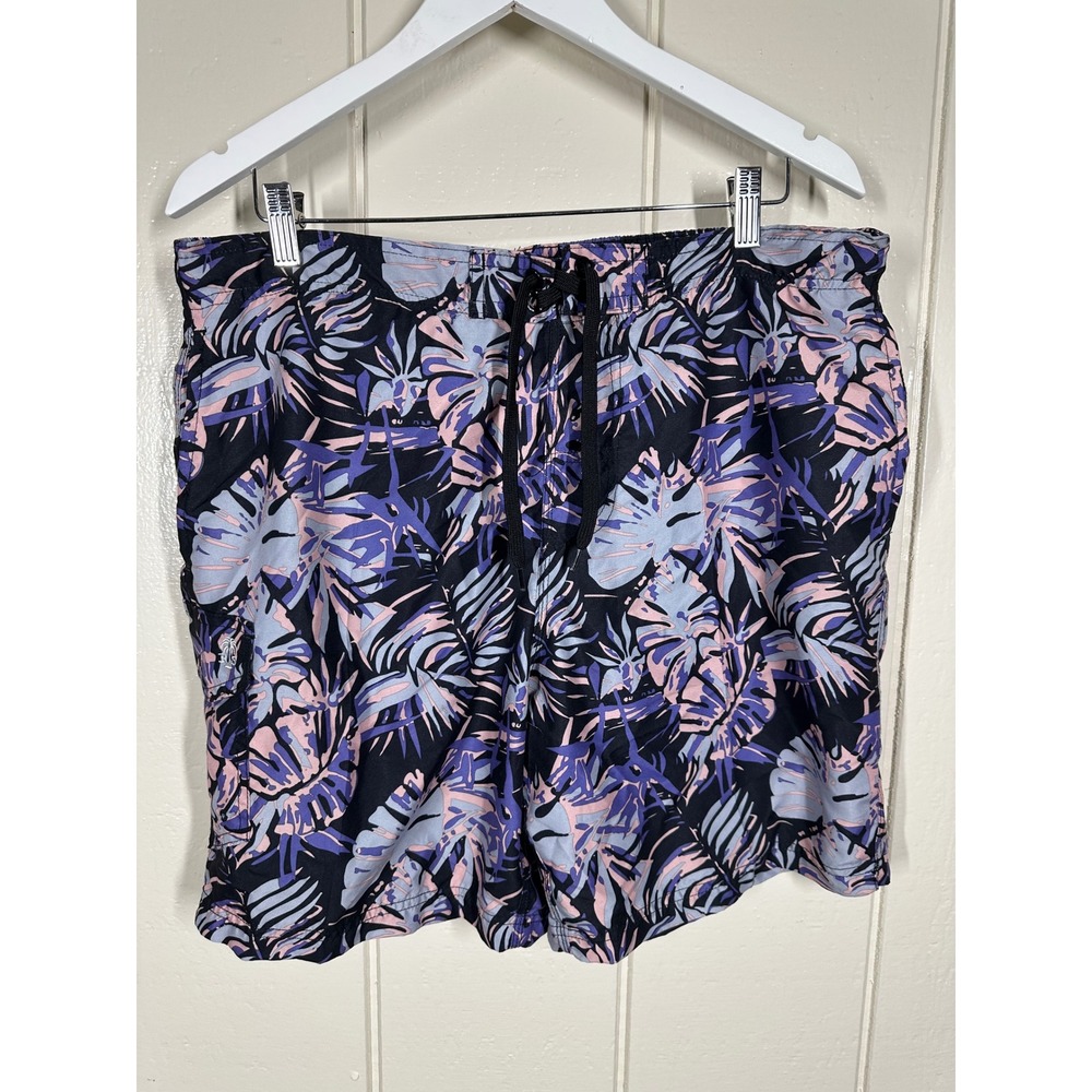 Island Inspired Swim Trunks Mens L Blue Purple Tropical Leaf Resortwear Shorts